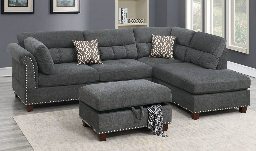 Luana Slate Velvet Fabric Reversible Sectional with Ottoman