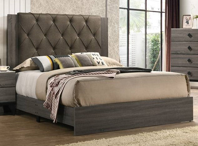 Kristine Grey Fabric/Brownish Grey Wood Queen Bed