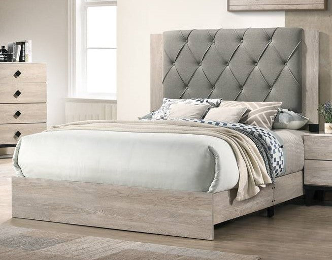 Kristine Light Grey Fabric/Cream Wood King Bed