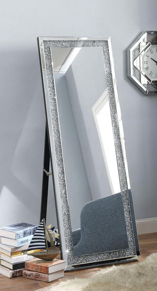 Noralie Silver Floor Accent Mirror with Faux Diamonds Inlay