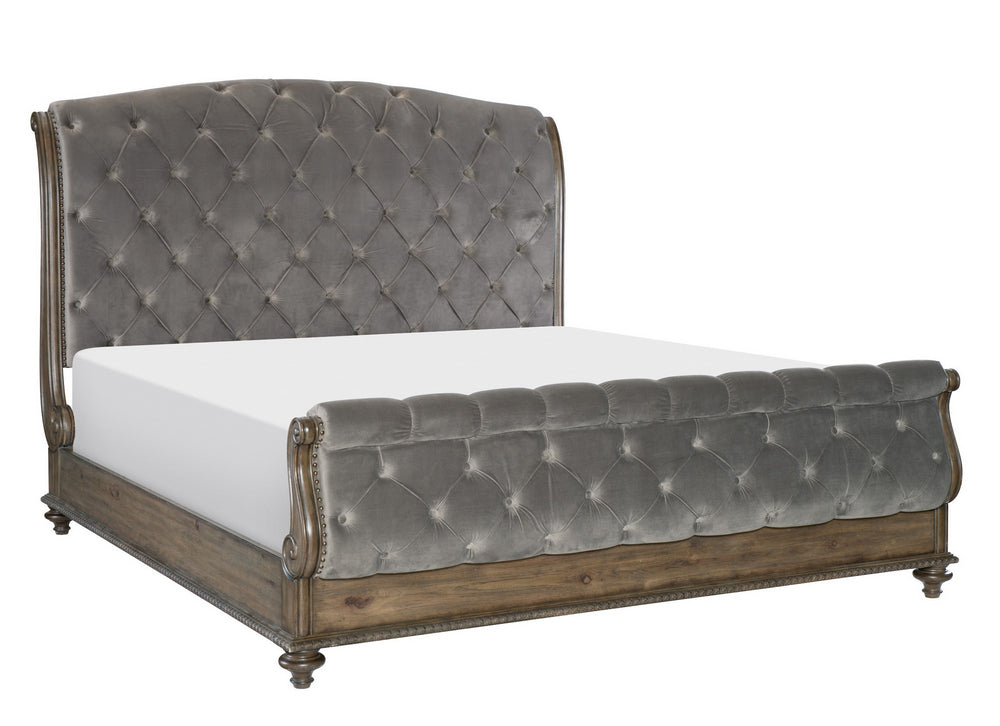 Rachelle Gray Velvet Fabric/Pecan King Bed (Oversized)