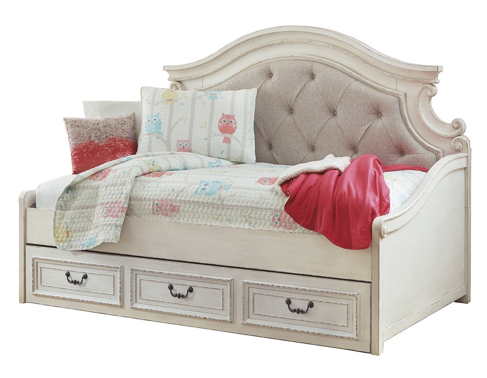 Realyn Neutral Fabric/Chipped White Wood Twin Daybed with Storage