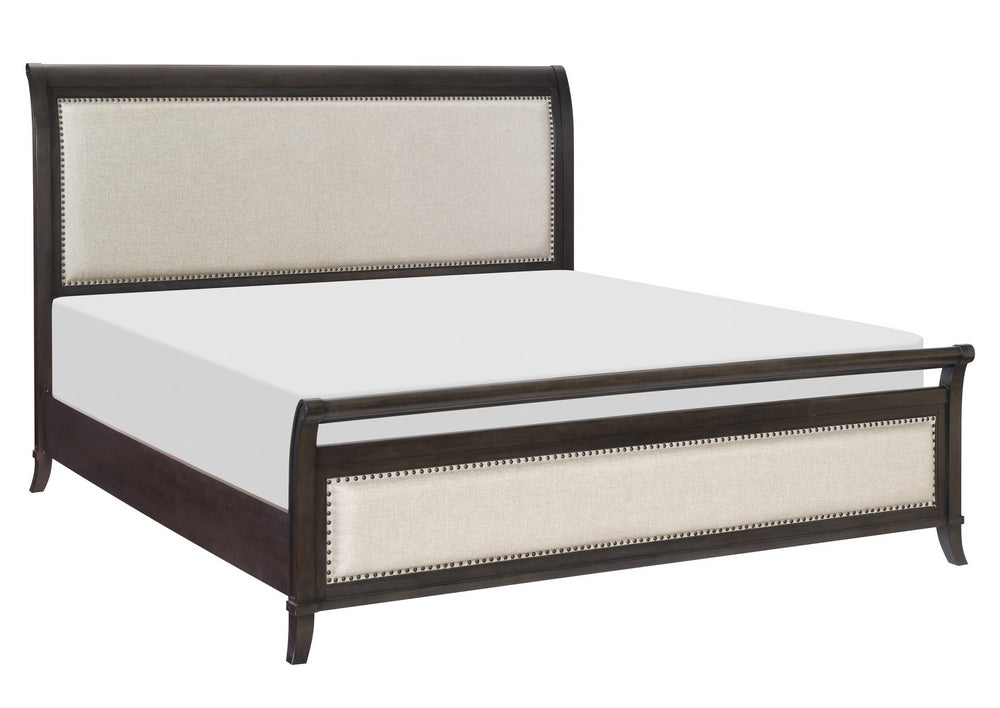 Hebron Dark Cherry Wood/Beige Fabric King Bed