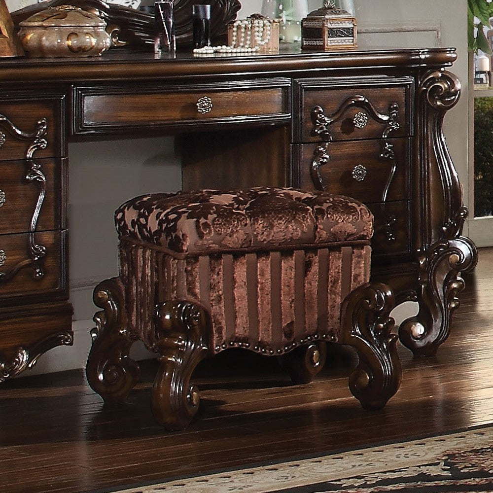 Versailles Cherry Oak Wood Vanity Stool with Poly Resin Decor