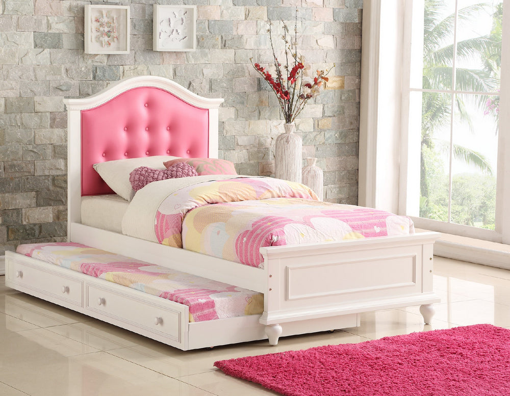 Angelina White Wood/Pink Faux Leather Twin Bed with Trundle