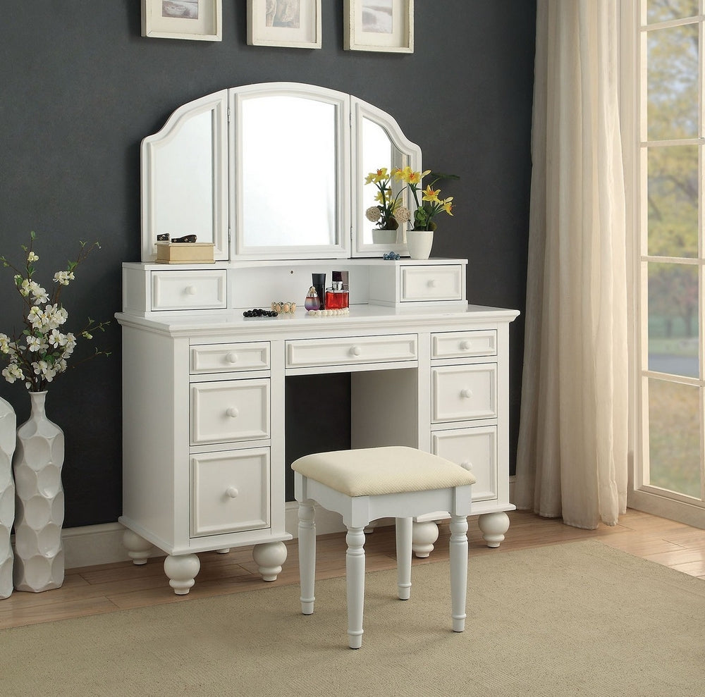 Athy White Wood Vanity with Mirror & Stool