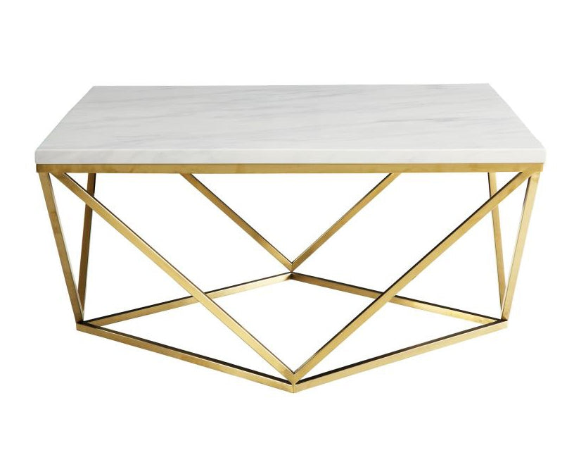 Brynn White Faux Marble Top Coffee Table with Brass Metal Base