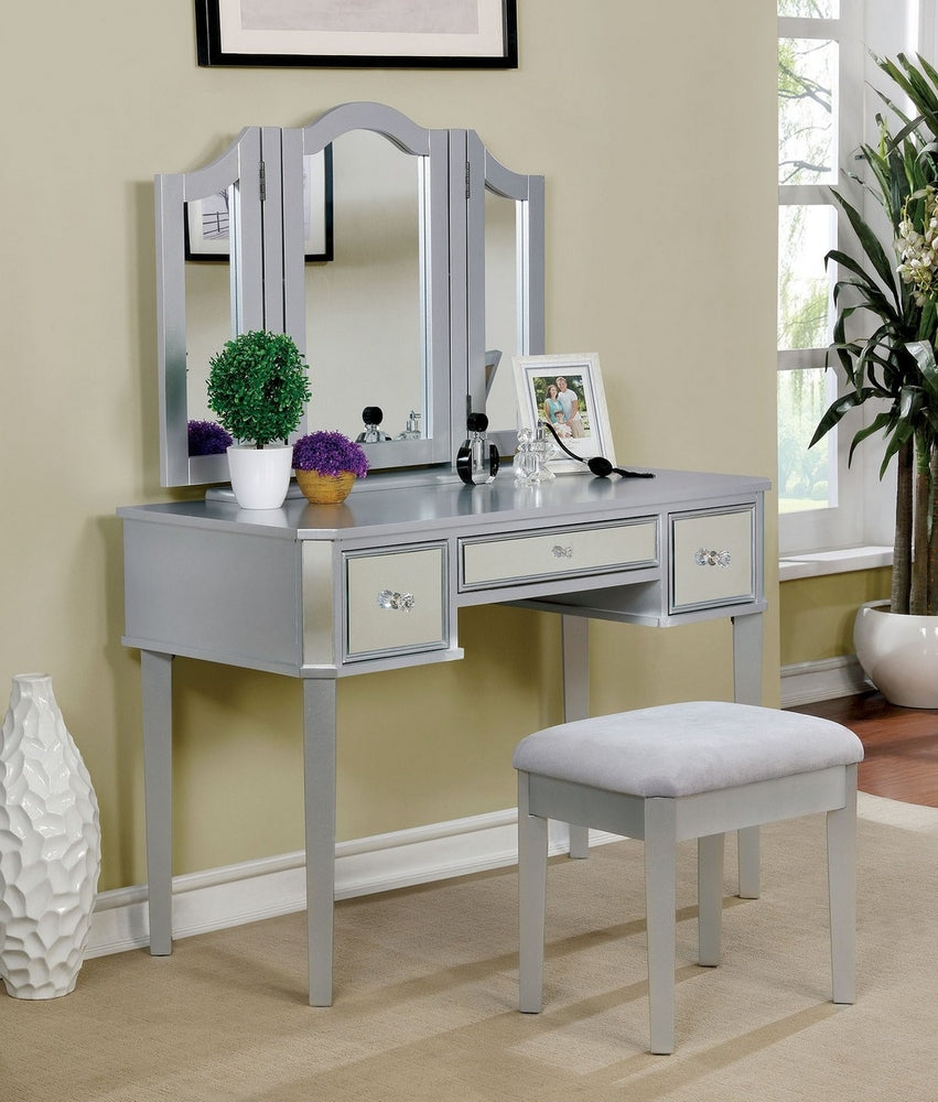 Clarisse Silver Wood Vanity w/Mirror & Stool