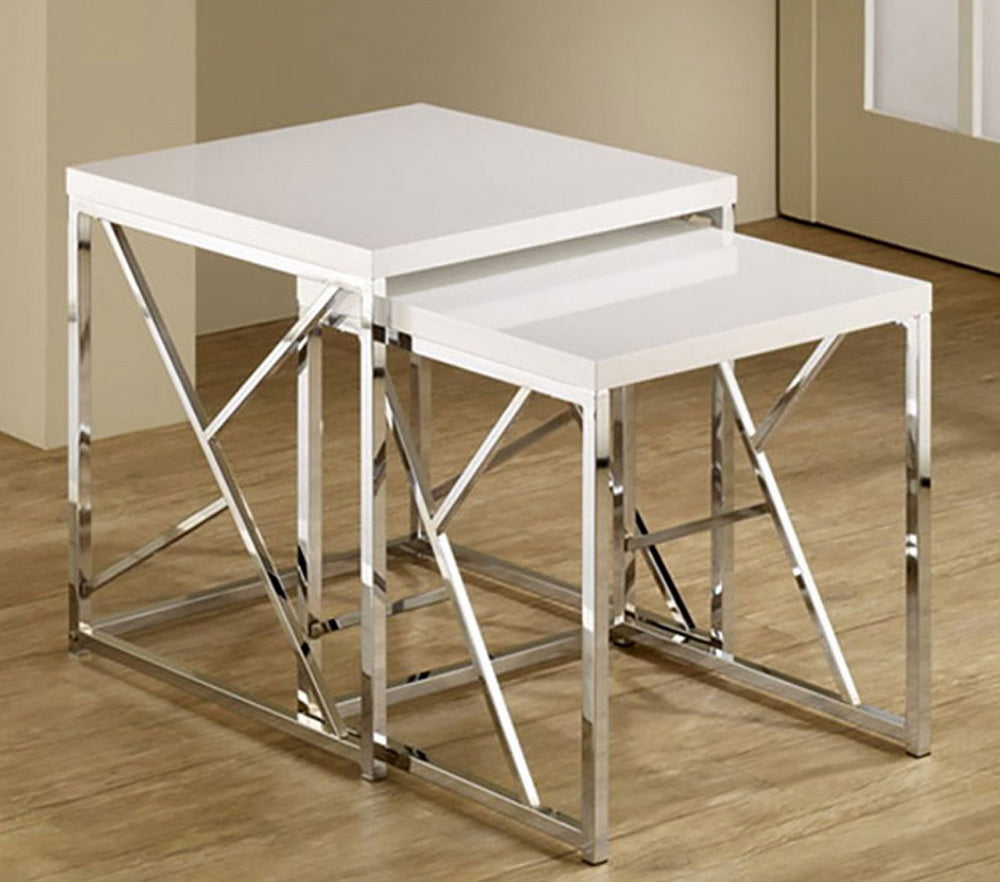Claudette 2Pc White Wood/Chrome Metal Nesting Table Set