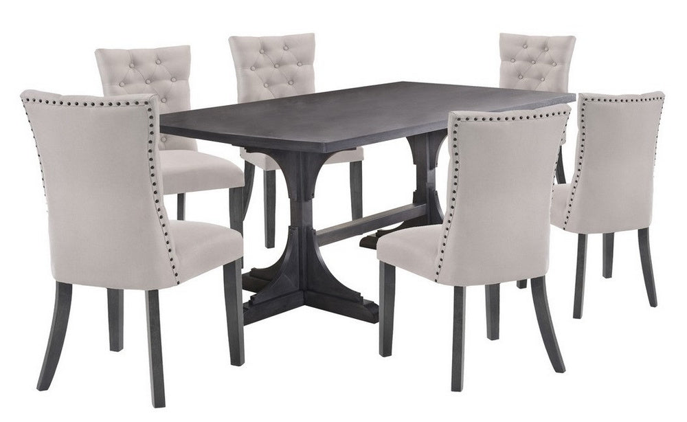 Janina 7-Pc Beige Linen/Wood Dining Table Set