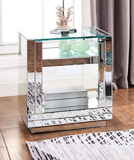 Nysa Mirrored End Table with Shelf & Faux Crystals Inlay