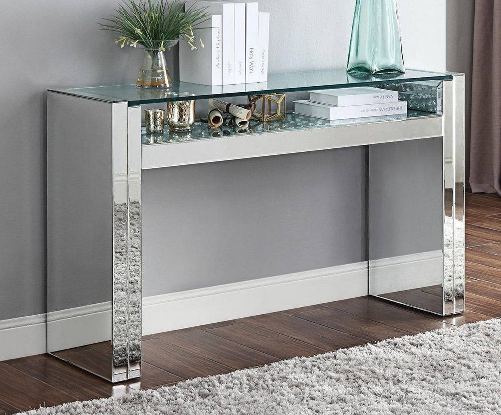 Nysa Mirrored Sofa Table with Shelf & Faux Crystals Inlay