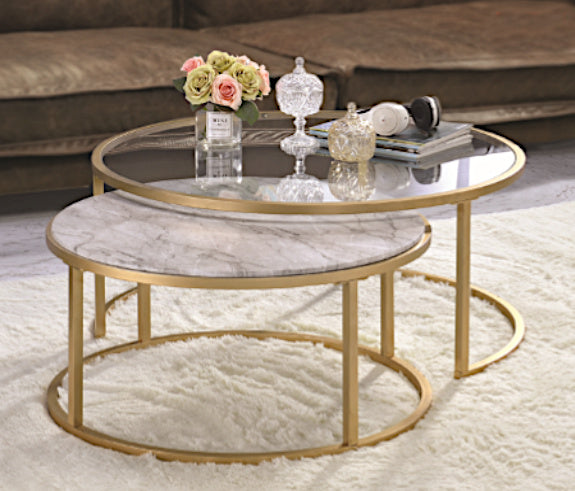 Shanish 2-Pc Gold Finish Metal/Clear Glass Nesting Table Set