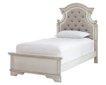 Realyn Neutral Fabric/Chipped White Wood Twin Panel Bed