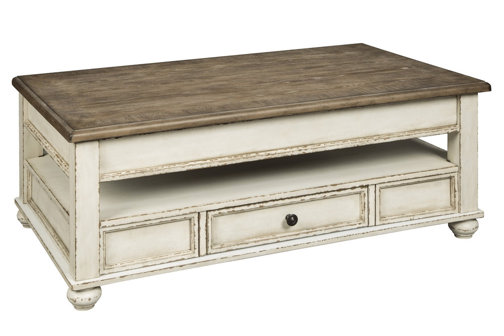 Realyn Natural Oak/Chipped White Wood Lift-Top Coffee Table