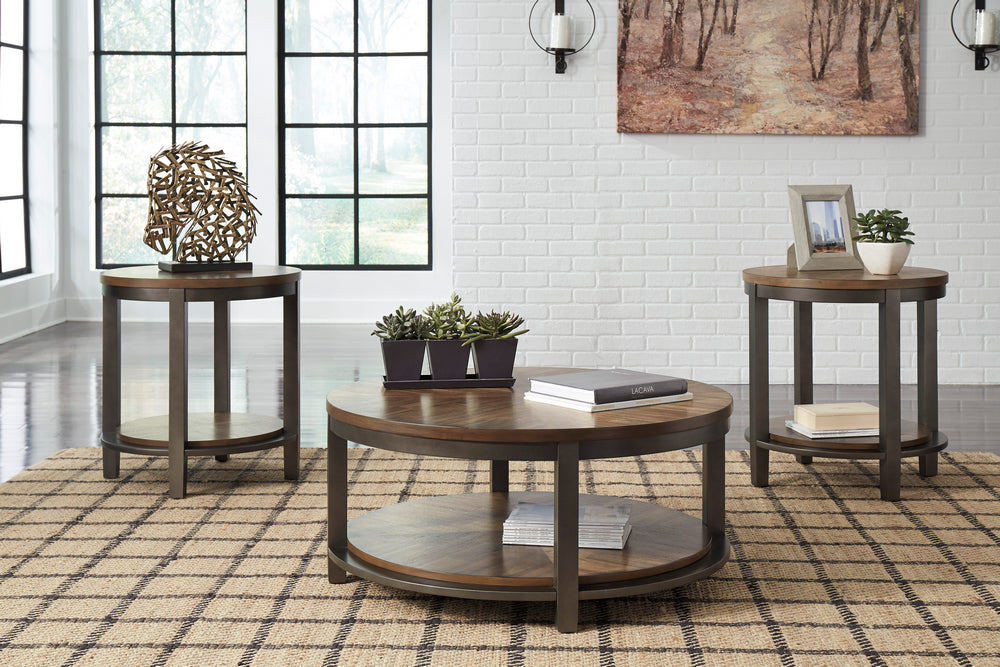 Roybeck 3-Pc Light Brown Wood/Bronze-Tone Metal Coffee Table Set