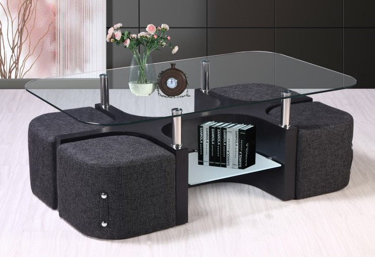 Tabitha Clear/Black Coffee Table with 4 Stools