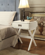 Babs White Wood End Table with Drawer & X-Shape Base