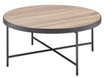 Bage Weathered Gray Oak Wood Round Coffee Table with Metal Trim