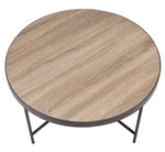 Bage Weathered Gray Oak Wood Round Coffee Table with Metal Trim