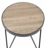 Bage Weathered Gray Oak Wood Round End Table with Metal Trim