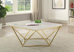 Brynn White Faux Marble Top Coffee Table with Brass Metal Base