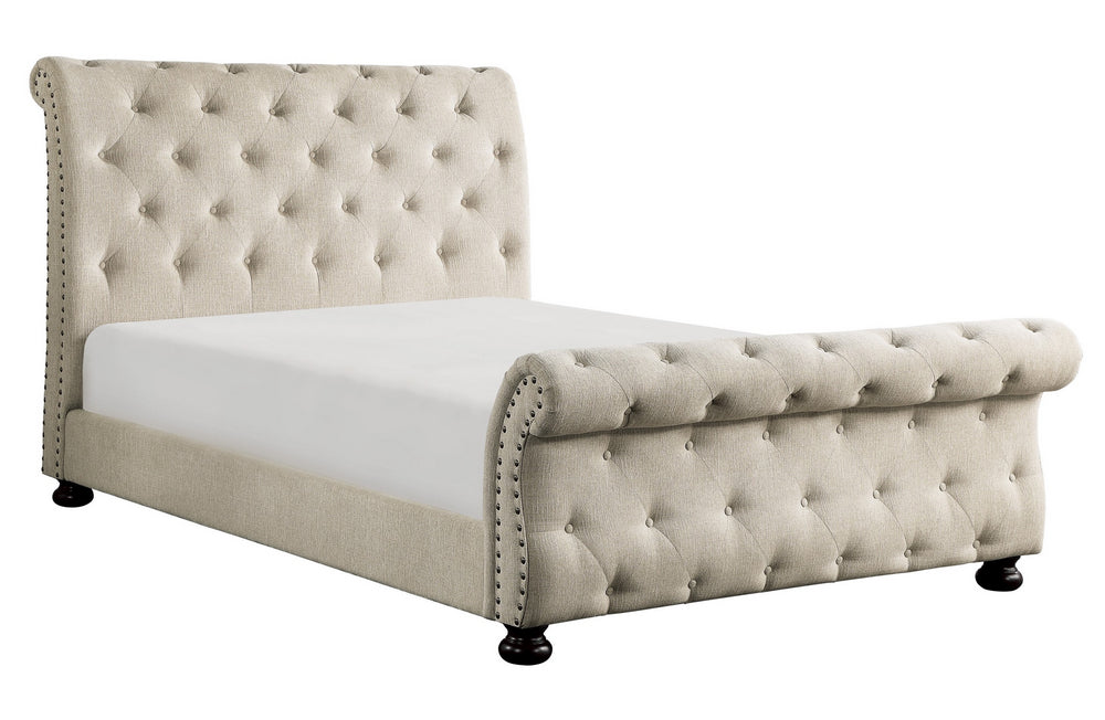 Crofton Beige Fabric Button Tufted King Bed