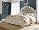 Realyn Neutral Fabric/Chipped White Wood Queen Panel Bed