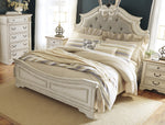 Realyn Neutral Fabric/Chipped White Wood Queen Panel Bed