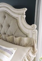 Realyn Neutral Fabric/Chipped White Wood Queen Panel Bed