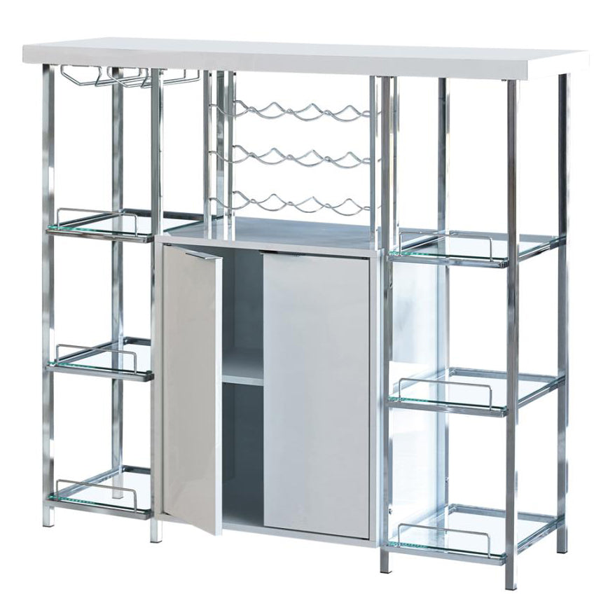 Adalira White High Gloss Wood/Chrome Metal Bar Cabinet