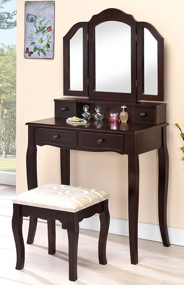 Cintia Espresso Wood Vanity Table w/Mirror & Stool