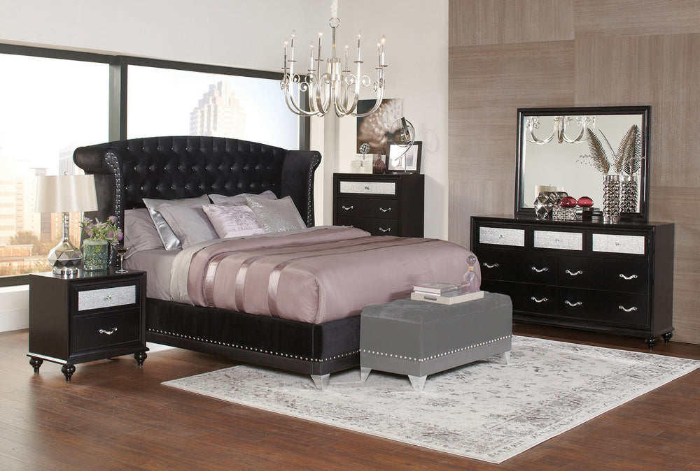 Barzini 5-Pc Black Velvet/Wood Queen Bedroom Set