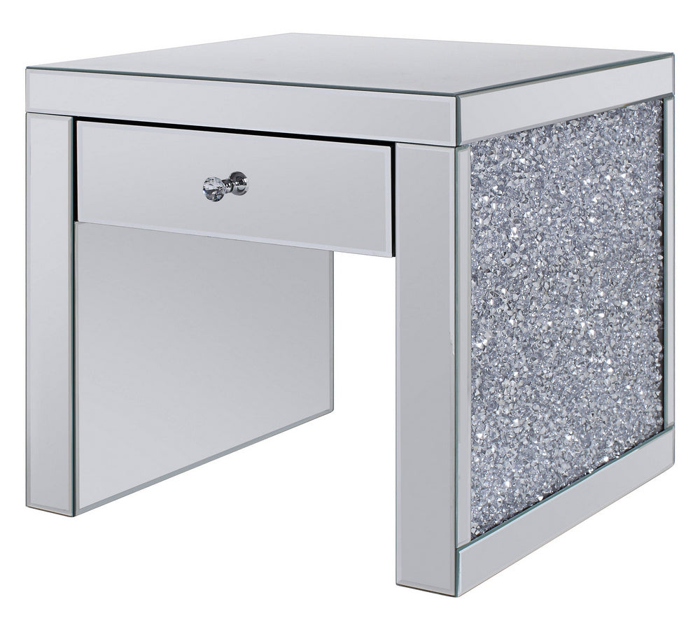 Noralie Mirrored End Table with Drawer & Faux Crystals