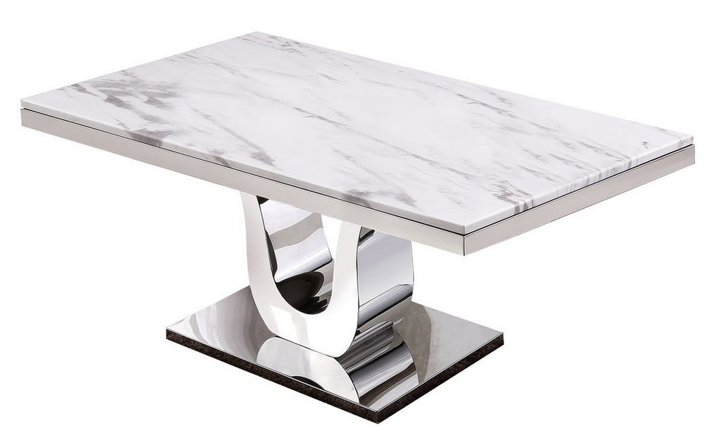 Bellamy White Marble/Silver Metal 64" Dining Table