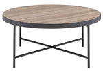 Bage Weathered Gray Oak Wood Round Coffee Table with Metal Trim