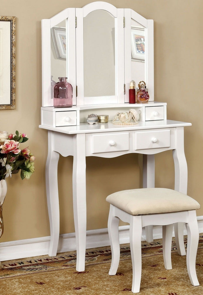 Janelle White Wood Vanity with Mirror & Stool