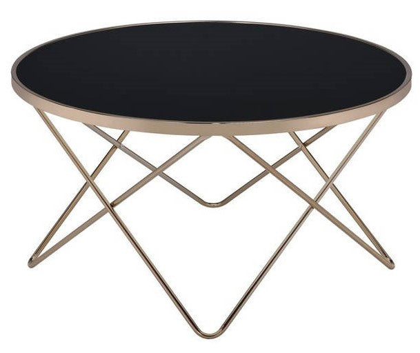 Valora Champagne Finish Metal/Black Glass Round Coffee Table