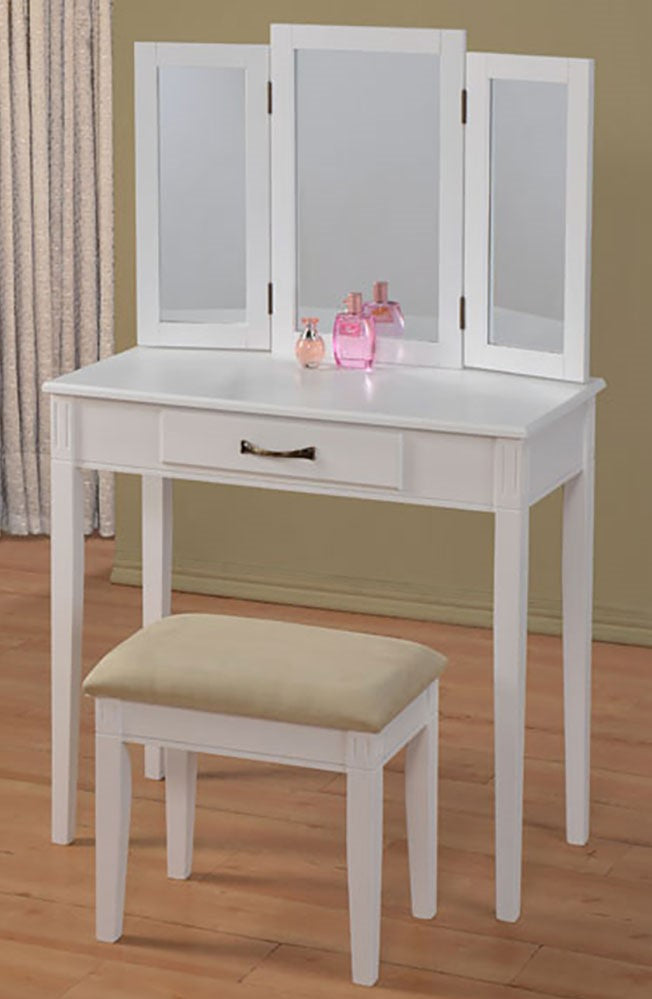 Leah White Wood Vanity w/Mirror & Stool