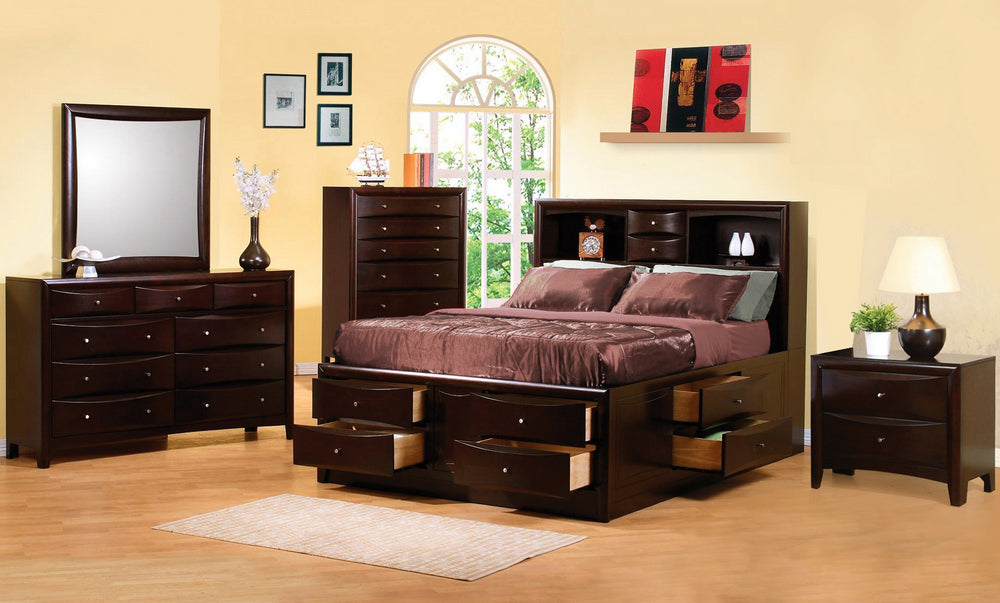 Phoenix 5-Pc Cappuccino Wood King Bookcase Bedroom Set