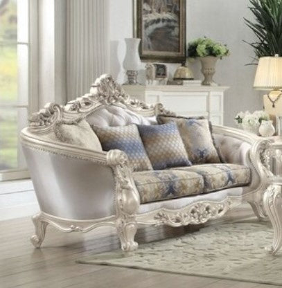 Gorsedd Cream Fabric/Antique White Finish Loveseat