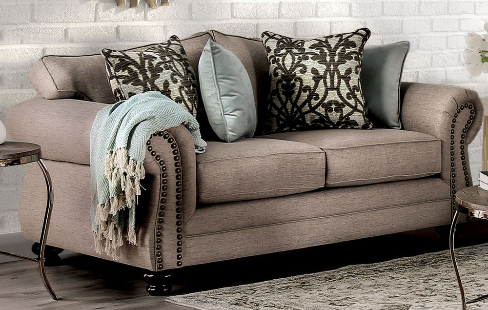 Jarauld Dark Taupe Fabric Loveseat w/Nailheads