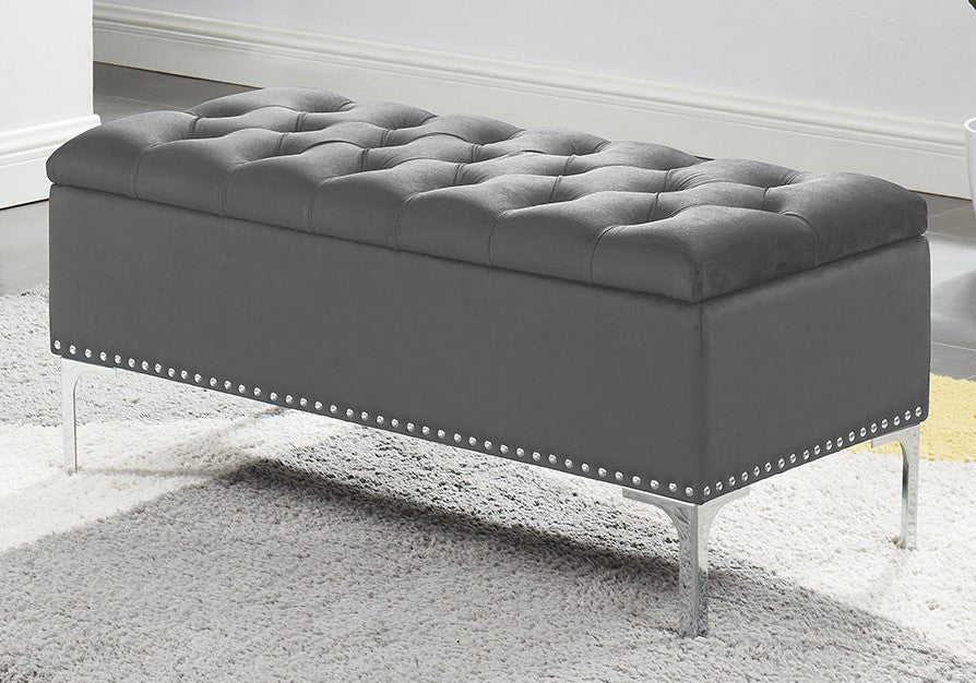 Floella Grey Velvet Tufted Accent Bench with Storage