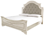 Realyn Neutral Fabric/Chipped White Wood Queen Panel Bed