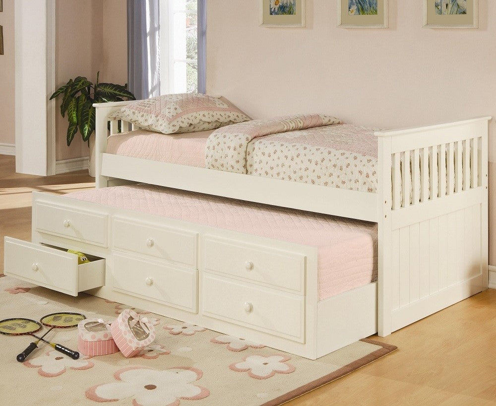 La Salle White Wood Twin Bed with Trundle & Storage Drawers