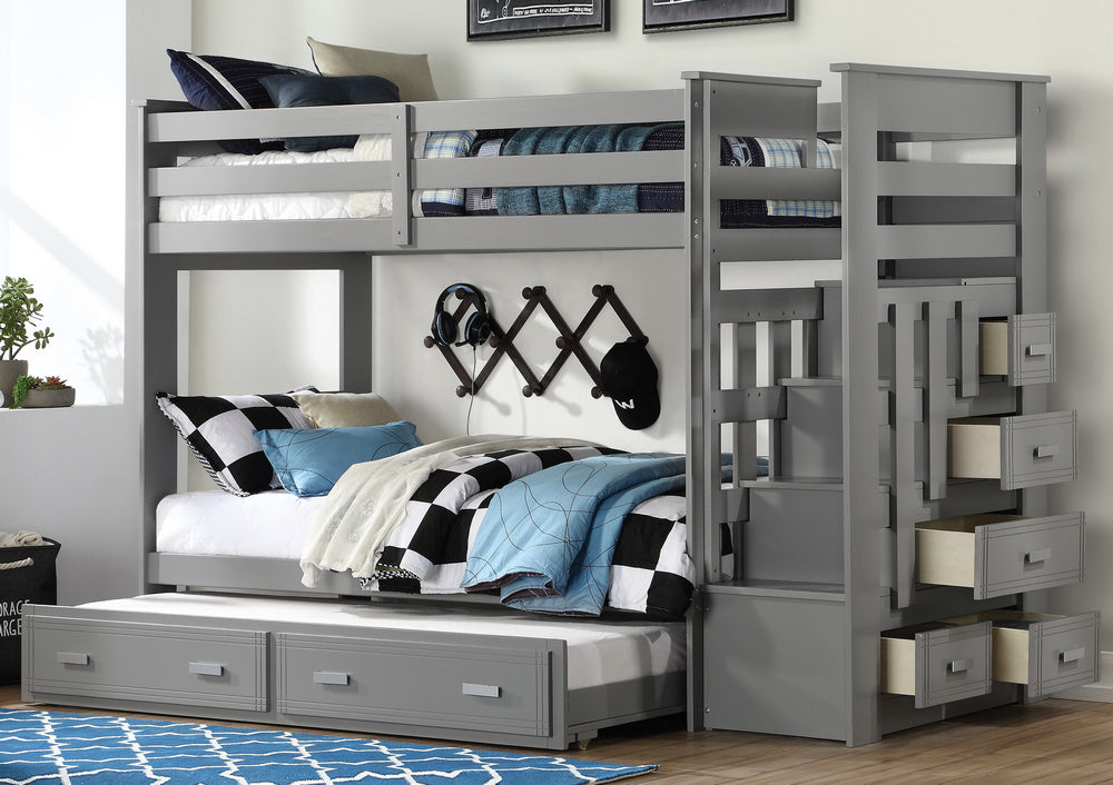 Allentown Gray Wood Twin Bunk Bed with Storages & Trundle