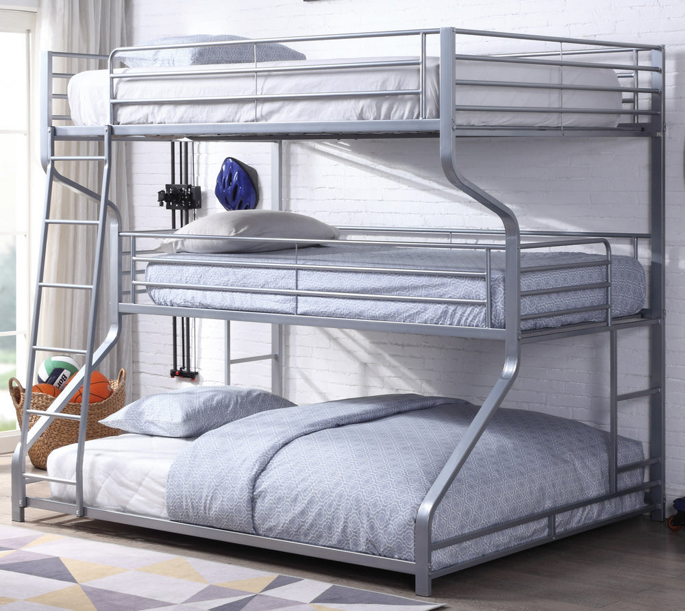 Caius II Silver Metal Triple Twin/Full/Queen Bunk Bed