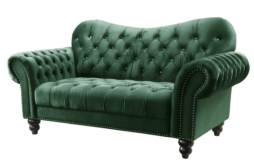 Iberis Green Velvet Loveseat with Rolled Armrest