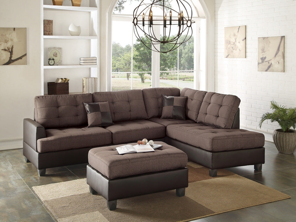 Gioia Chocolate Fabric Reversible Sectional with Ottoman