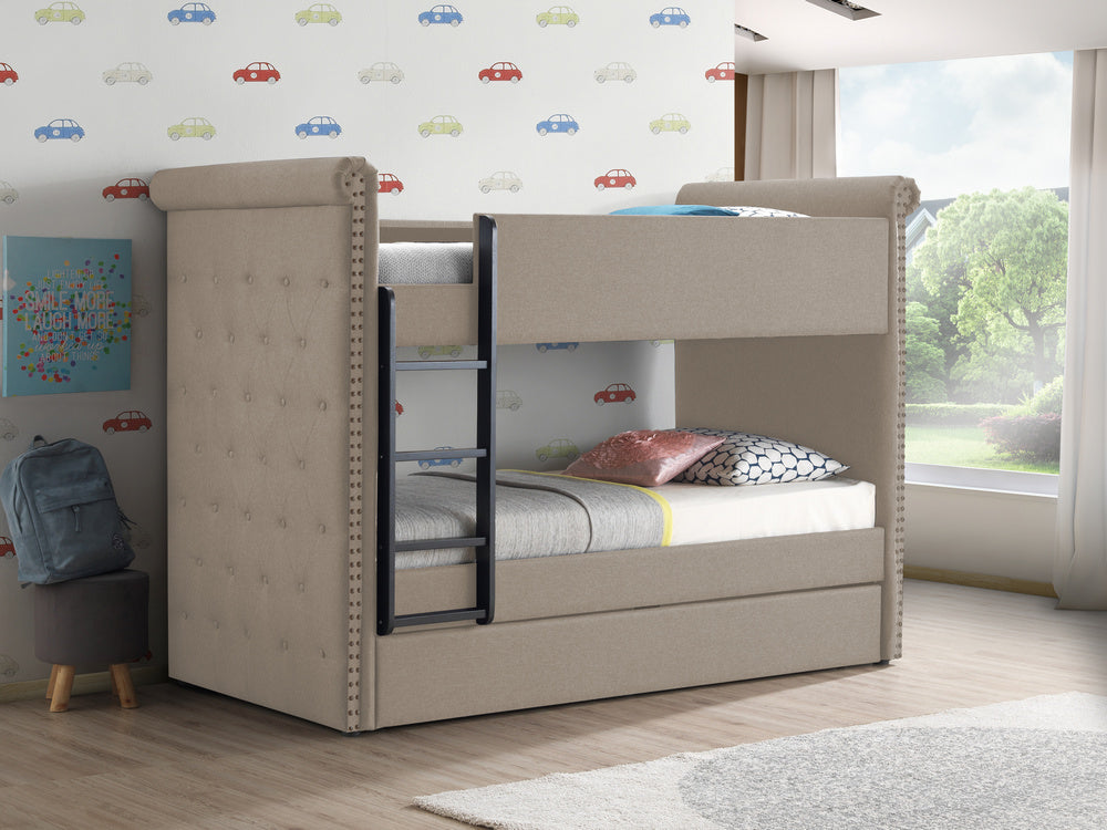 Romona II Beige Fabric Twin over Twin Bunk Bed with Trundle